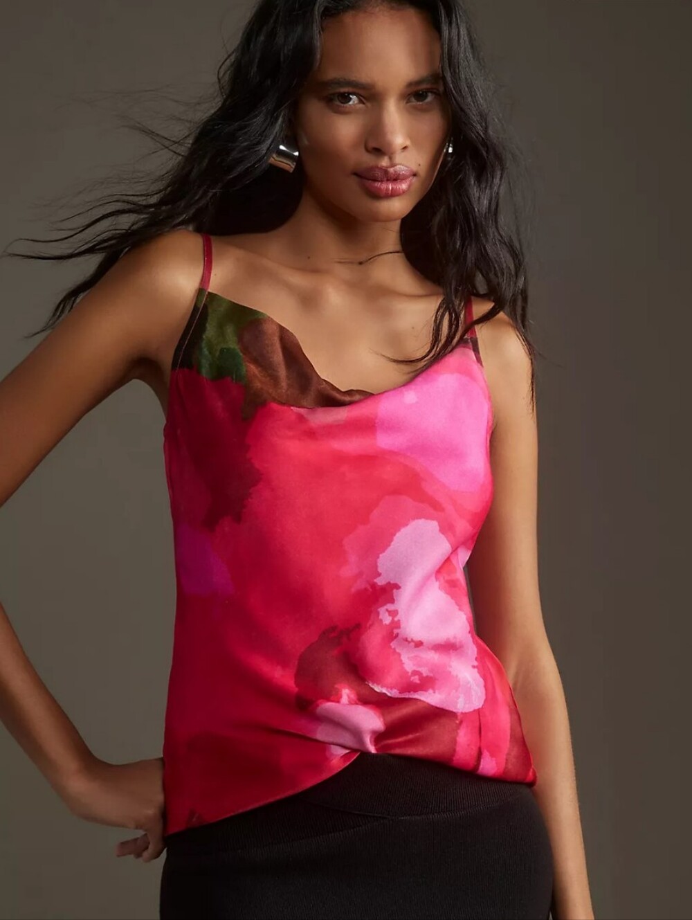 Anthropologie Red & Pink Watercolor Silk Cowl Neck Camisole